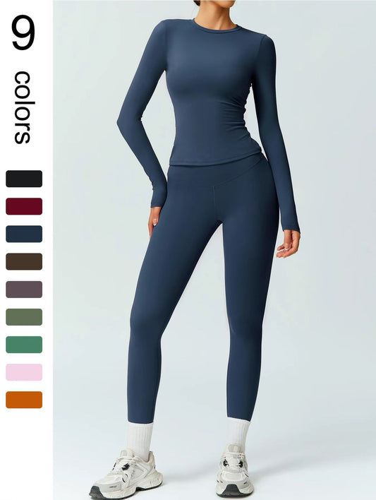 Two-piece set women's solid colour Long Sleeve Round Neck Top & Leggings Tracksuit