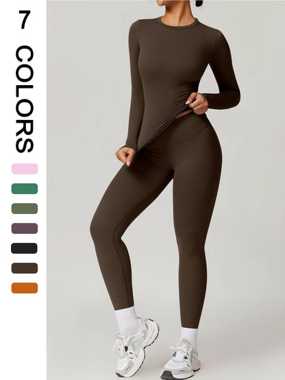 Two-piece set women's solid colour Long Sleeve Round Neck Top & Leggings Tracksuit